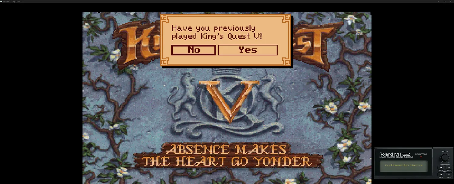 A DOS adventure game running in EmuDOS with the emulated Roland MT-32 LCD scrolling in the corner